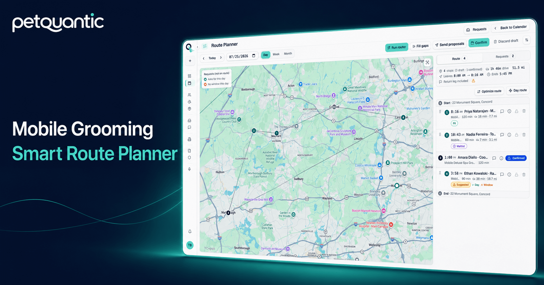 PetQuantic Grooming Mobile Route Planner showing a mapped day route and scheduled stops