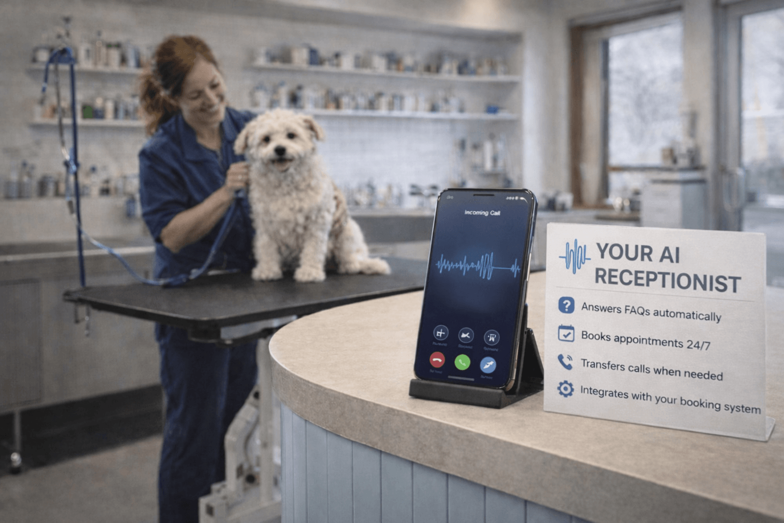 Groomer working while Voice AI answers incoming calls automatically