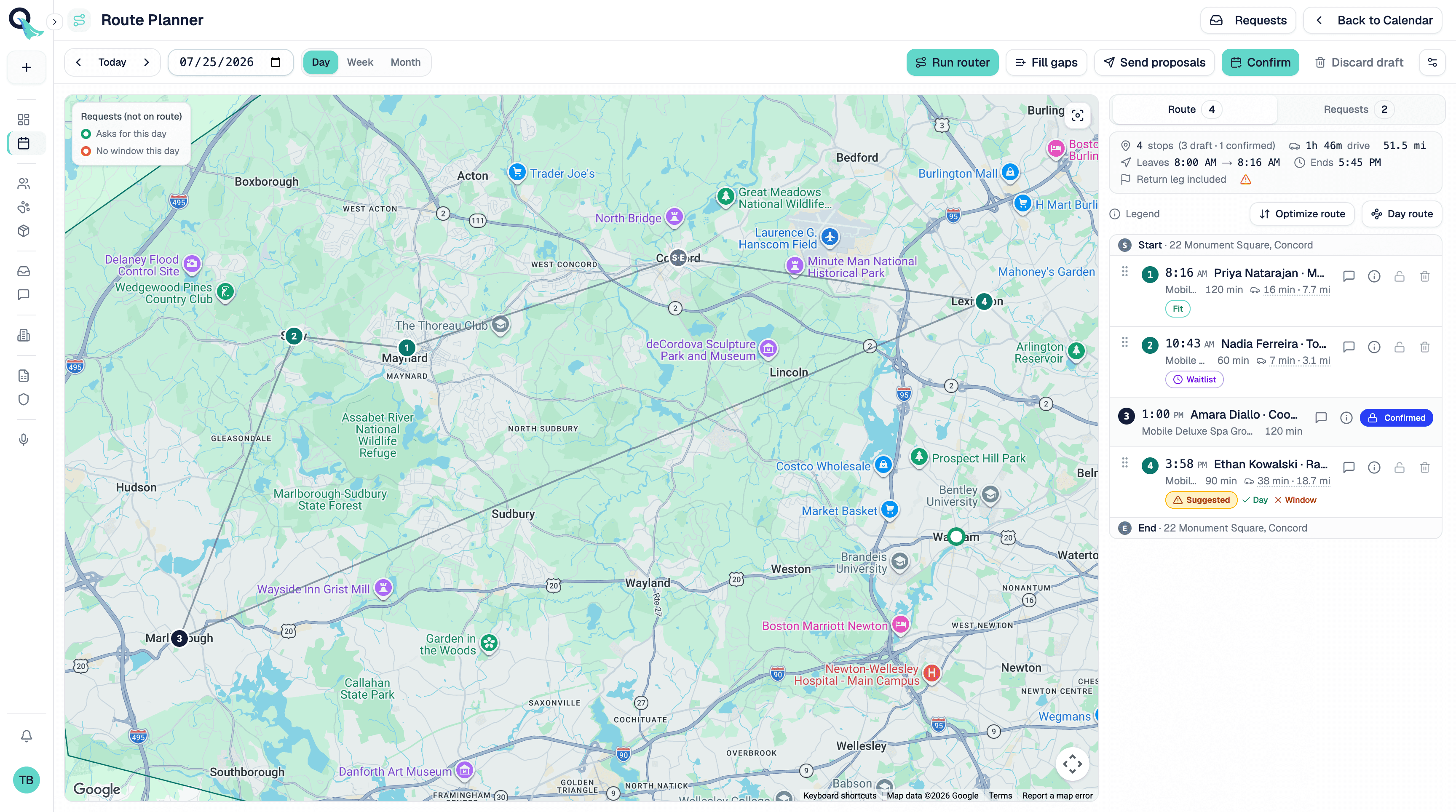 PetQuantic Route Planner showing a mobile grooming day with mapped stops, drive time, and mileage