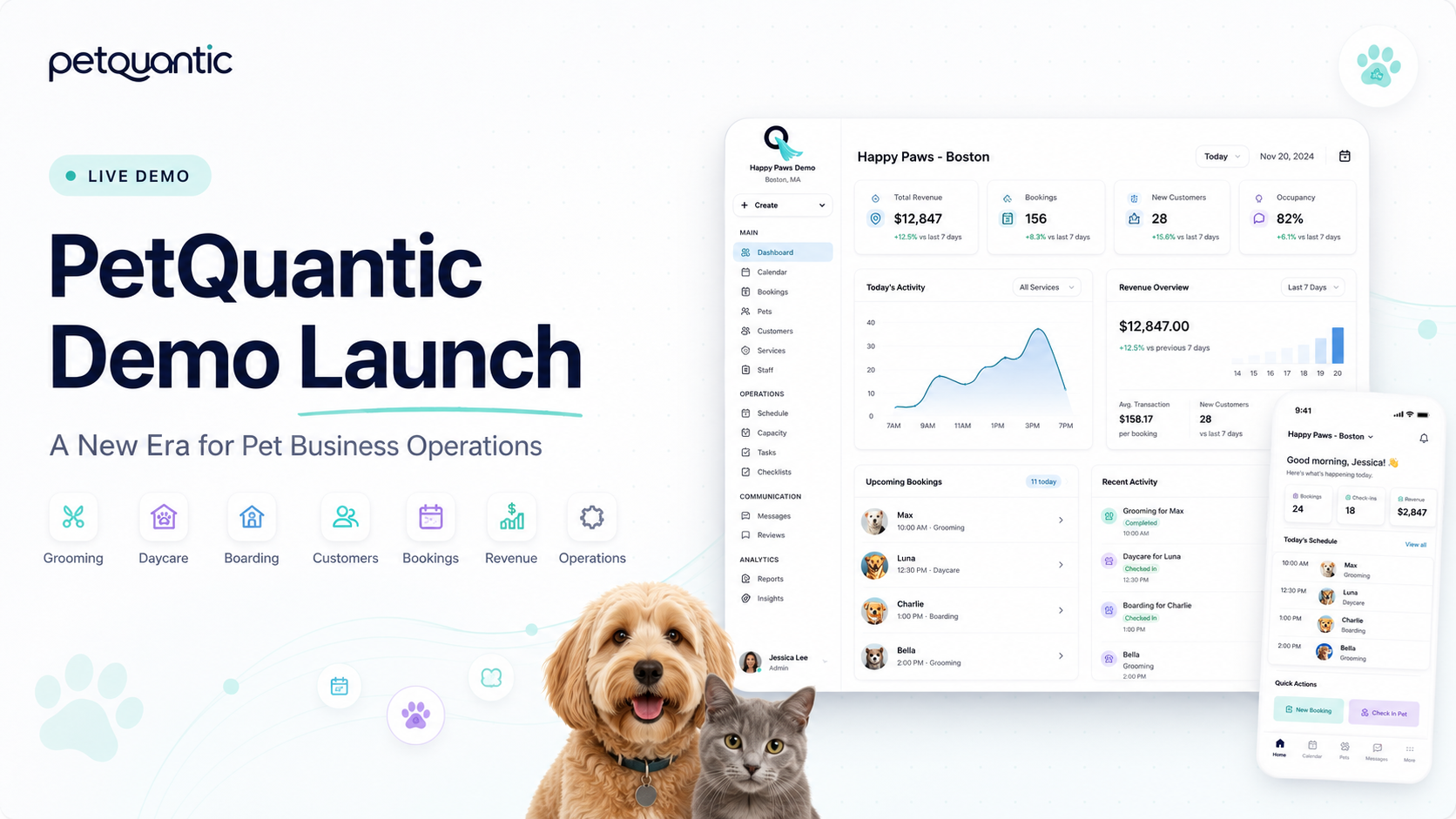 PetQuantic Demo Launch showing the dashboard on desktop and mobile